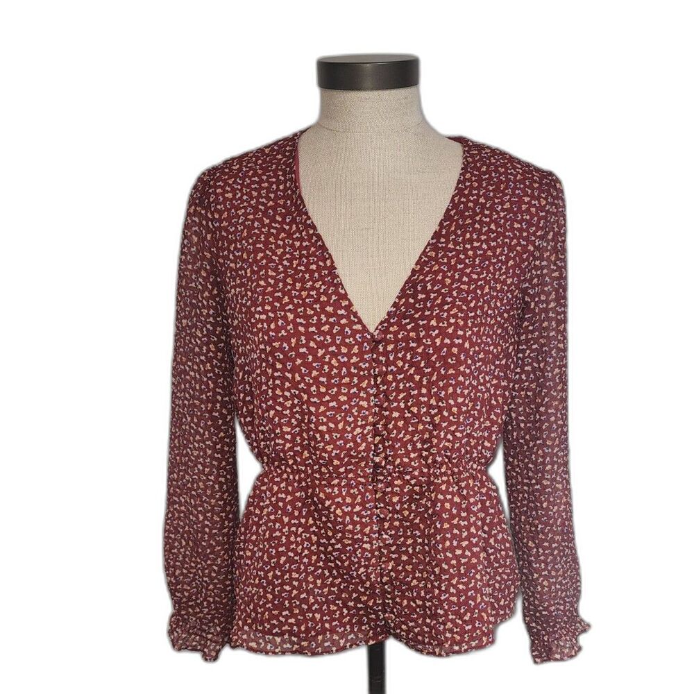 Madewell Red Floral V-Neck Button Up Top Size Small